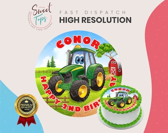 Tractor Personalised Round Edible Cake Topper Birthday Decoration