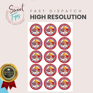 May include: A sheet of 12 round red and blue cake toppers featuring a cartoon fire truck with the text "Happy 6th Birthday Finn".