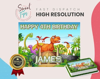 Kids Dinosaur Personalised Rectangle Edible Birthday Cake Topper Cake Decoration