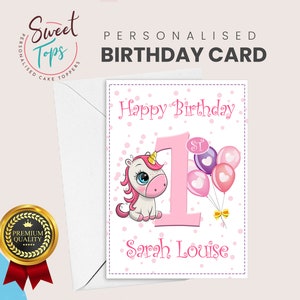 Biglietto di compleanno personalizzato A5 1° compleanno tema unicorno / qualsiasi nome ed età