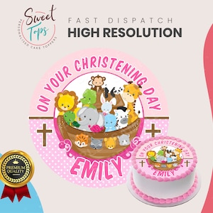 Christening Noahs Ark Round Edible Cake Topper Decoration Personalised