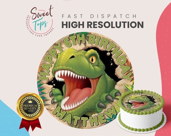 Decorazione per torta di compleanno commestibile rotonda personalizzata a forma di dinosauro (T-Rex)