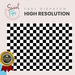 Puede incluir: Un diseño de tablero de ajedrez en blanco y negro para una decoración de pastel. La imagen incluye el texto "Sweet Tops" y "Fast Dispatch High Resolution". Un sello dorado con una cinta roja dice "Premium Quality".