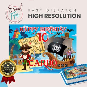 Adorno comestible rectangular para tarta de cumpleaños con piratas, barco pirata y mapa del tesoro.