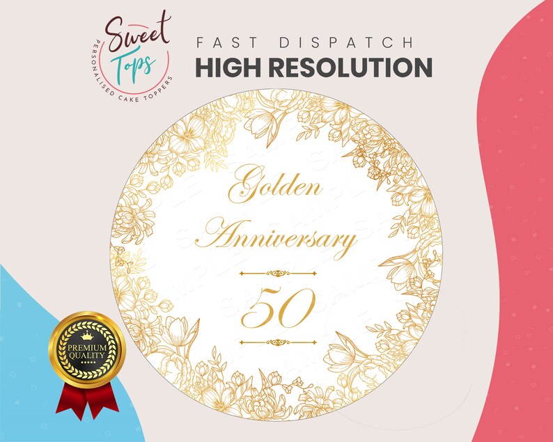 Golden Wedding Anniversary Round Edible Birthday Cake Topper Etsy