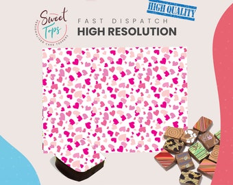 May include: Pink and white heart pattern printable edible cake topper. The design is high resolution and perfect for decorating cakes, cupcakes, and other desserts.