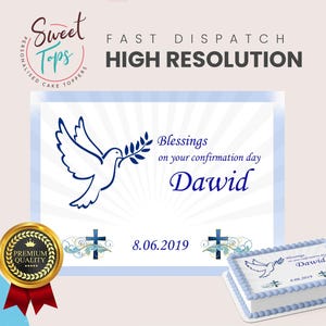 May include: A personalized cake topper with a dove carrying an olive branch, the text "Blessings on your confirmation day Dawid" and the date 8.06.2019. The design includes a gold seal with a red ribbon and the words "Premium Quality".