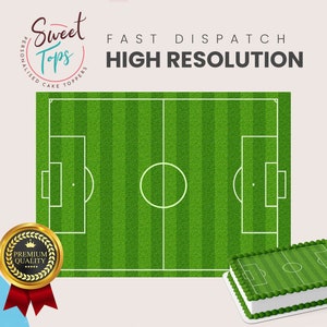 May include: A green and white edible cake topper featuring a soccer field with lines and a center circle. The topper is on a white cake with a white border. The text "Sweet Tops" is in a circle with the text "Personalised Cake Toppers" around it. The text "Fast Dispatch High Resolution" is above the cake topper. A gold seal with the text "Premium Quality" is in the lower left corner.