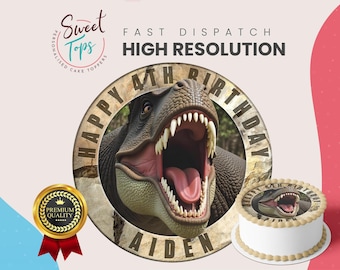 Adorno comestible redondo personalizado para tarta de cumpleaños con forma de dinosaurio (T-Rex)