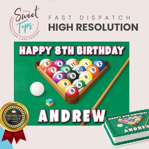 May include: A personalized cake topper with a billiards theme. The design includes a triangle of numbered billiard balls, a cue stick, and the text "HAPPY 8TH BIRTHDAY ANDREW". A smaller cake with the same design is also shown.