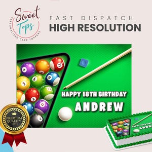 May include: A cake topper with a green background featuring a pool table design, complete with billiard balls, a cue stick, and the text "HAPPY 18TH BIRTHDAY ANDREW". A smaller cake with the same design is also shown.