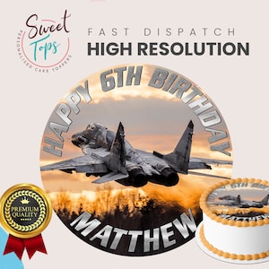 Fighter Jet Personalised Round Edible Birthday Cake Topper Decoration