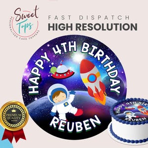 キッズ宇宙飛行士パーソナライズ丸型食べられるケーキトッパー誕生日デコレーション