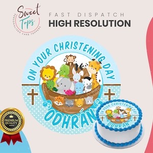 Christening Noahs Ark Round Edible Cake Topper Decoration Personalised
