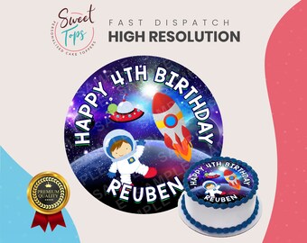 Kids Space Astronaut Round Edible Cake Topper Birthday Decoration Personalised