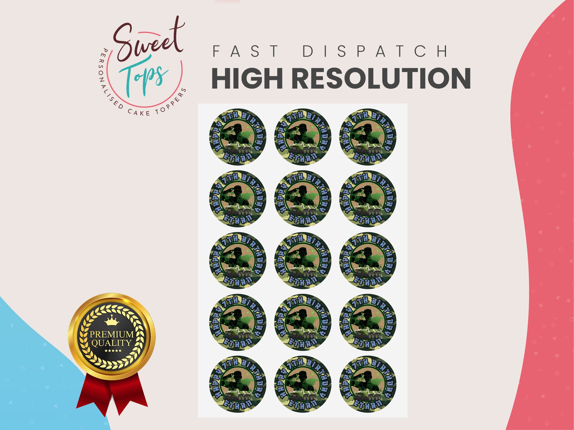15x 2&quot; Army Round Edible Cup Cake Toppers Birthday Decoration Personalised