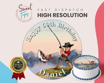 Fishing / Fisherman Personalised Round Edible Birthday Cake Topper Decoration