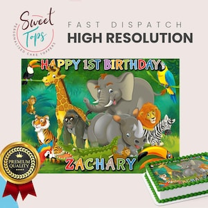 May include: A vibrant cake topper with a jungle scene, showcasing animal illustrations such as a giraffe, elephant, and lion. The text "HAPPY 1ST BIRTHDAY ZACHARY" is visible. A gold seal with a red ribbon is also present.
