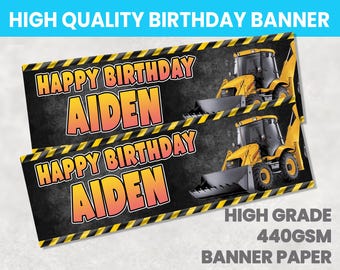 Banner personalizado para fiesta de cumpleaños de camión excavadora con temática de construcción
