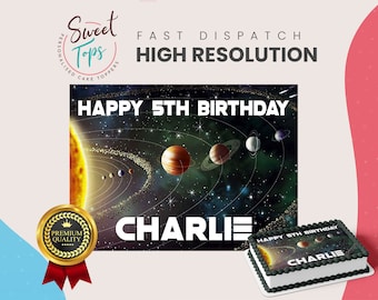 Adorno comestible personalizado rectangular para tarta de cumpleaños con diseño del Sistema Solar