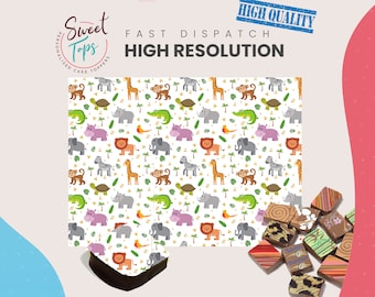 May include: A white background with a repeating pattern of jungle animals, including a zebra, giraffe, monkey, hippopotamus, rhinoceros, elephant, and turtle. The pattern is surrounded by a pink and blue background with the text "Sweet Tops" in a circle and the text "FAST DISPATCH HIGH RESOLUTION" in a rectangle.