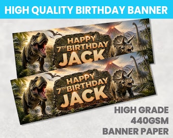 Dinosaurs T Rex, Triceratops, Velociraptor Personalised Birthday Banner, Any Name, Boy or Girl