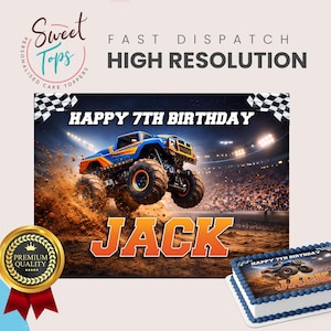 Może przedstawiać: Topper na ciasto z motywem monster trucka, z napisem "HAPPY 7TH BIRTHDAY" i imieniem "JACK". Obraz zawiera tło stadionu i mniejsze ciasto z tym samym wzorem. Widoczne są również słowa "FAST DISPATCH" i "HIGH RESOLUTION".