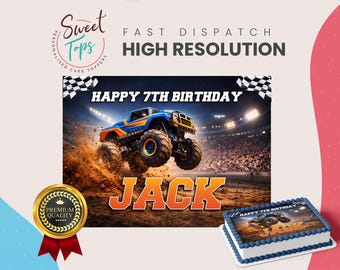 Monster Truck Personalised Rectangle Edible Birthday Cake Topper Cake Decoration