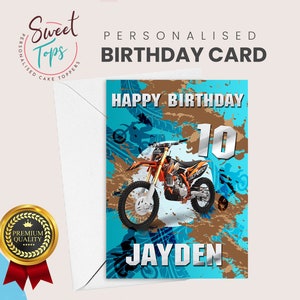 Carte d'anniversaire A5 personnalisée, thème moto tout-terrain | Bleu | N'importe quel nom et âge