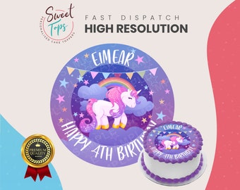 Unicorn Round Edible Birthday Cake Topper Decoration Personalised