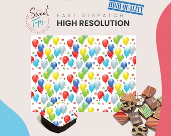 May include: A sheet of edible cake topper paper with a repeating pattern of colorful balloons and confetti. The paper is white with a variety of colored balloons, including red, blue, green, yellow, and gray. The balloons are arranged in a random pattern and are surrounded by small, white confetti.
