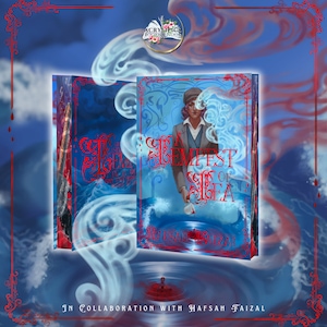 Pode incluir: Uma capa de livro azul com o título "A Tempest of Tea" e o nome do autor "Hafsah Faizal" em texto branco. A capa apresenta uma pessoa jovem com um casaco azul segurando uma xícara de chá, com um fundo azul e branco em espiral.