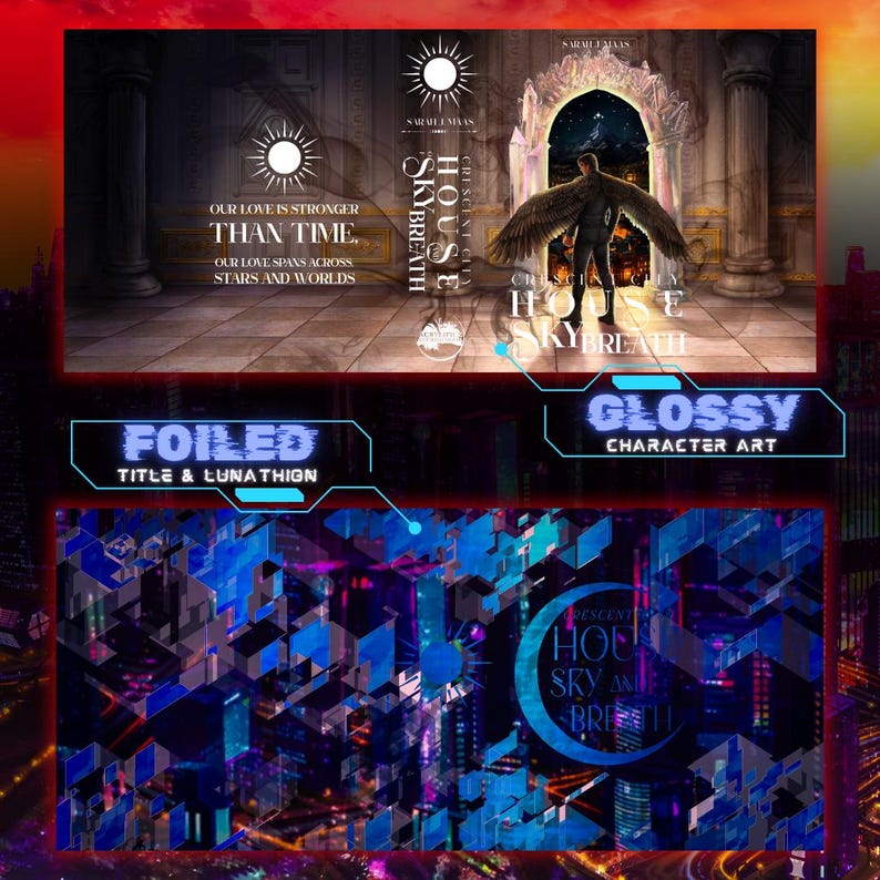 May include: A book cover with a blue and purple cityscape background. The title of the book is "Crescent City House of Sky and Breath" and the author is Sarah J. Maas. The cover also features a character with wings standing in a doorway.