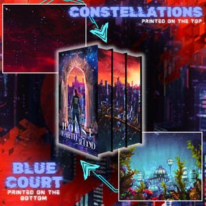 May include: A book cover with a cityscape background and a woman standing in front of a large archway. The title of the book is "Crimson in the House of Earth and Blood". The text "Constellations" is printed on the top of the cover and "Blue Court" is printed on the bottom.