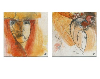 Unique 2x 20/20 cm (2x 7.87/7.87 inch) Original painting, diptych "Lady, Birds..."