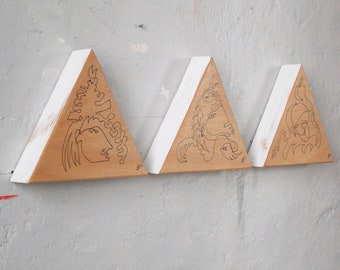 Triangular unique pieces made of wood - special works of art triptych for wall, desk, window sill, shelf,... nice gift for the office...