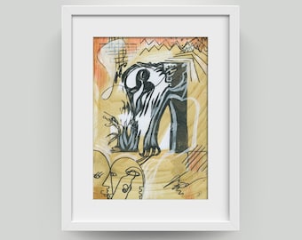 May include: Abstract watercolor painting in black, white, and brown with a figure in the center. The figure is surrounded by lines and shapes, creating a sense of movement and energy. The painting is framed in a white frame.