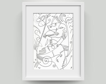 May include: Black and white line art print of an abstract design featuring two stylized faces and geometric shapes.