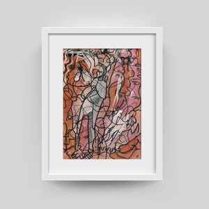 May include: Abstract watercolor painting in a white frame. The artwork features a mix of orange, pink, and black lines and shapes, creating a dynamic and expressive composition. The painting is mounted in a white frame.