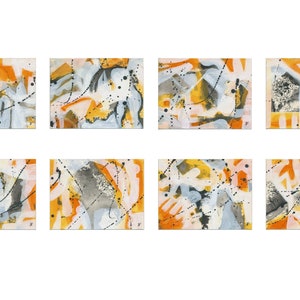 May include: Eight abstract paintings in a grid pattern. Each painting features a white background with orange, black, and gray abstract shapes and lines.