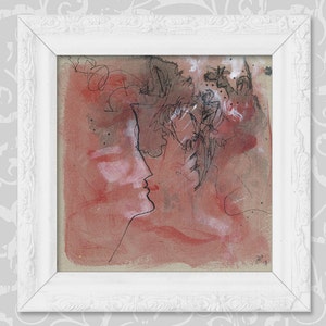 May include: A framed abstract painting with a red background and black line drawings of two faces. The faces are partially obscured by abstract shapes and lines.