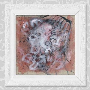 May include: A framed abstract painting of a face with black and white lines and a pink background.