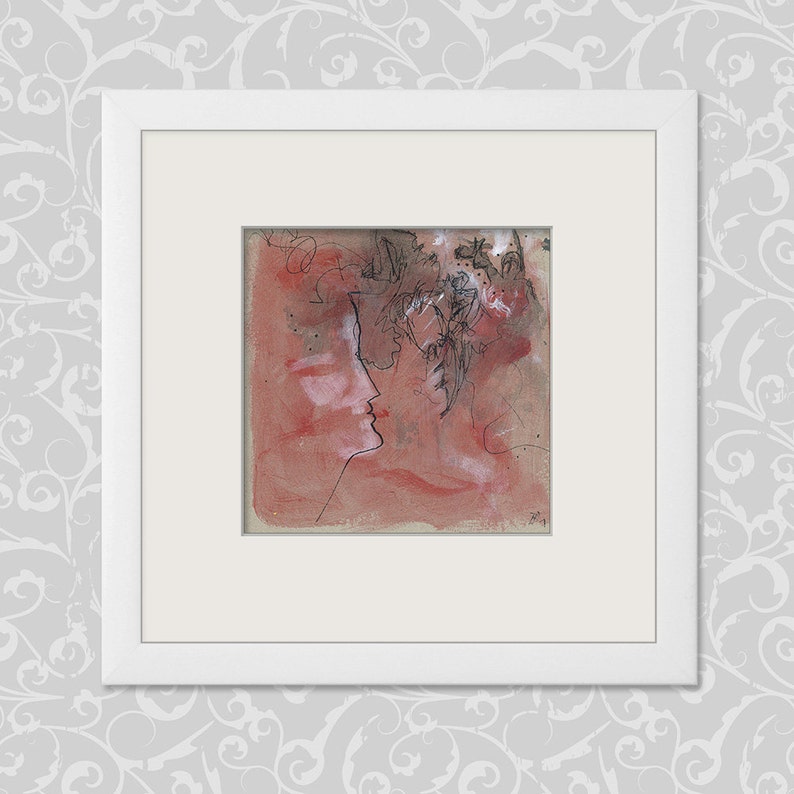 May include: Abstract painting of two faces in profile, with black lines on a red background.