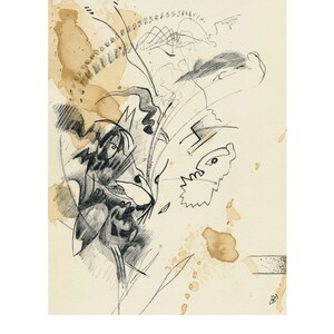 May include: A black and white abstract drawing with a figure in the center. The drawing is on a cream-colored paper with brown coffee stains.