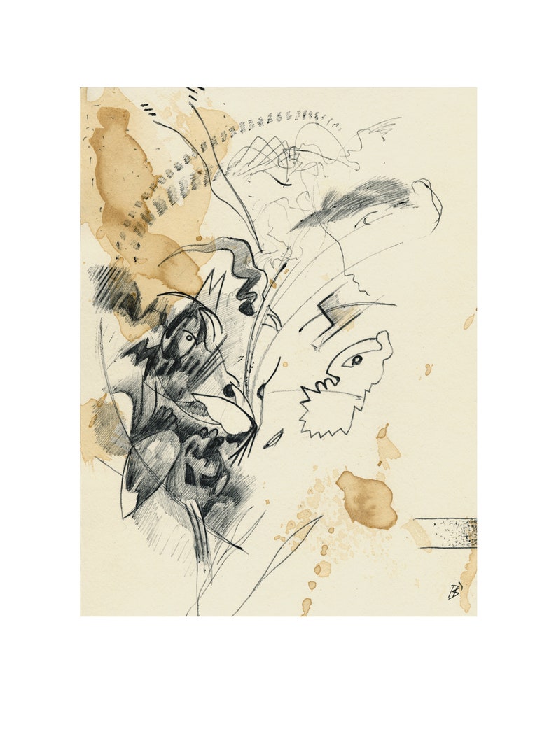 May include: A black and white abstract drawing with a figure in the center. The drawing is on a cream-colored paper with brown coffee stains.