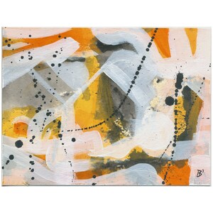 May include: Abstract painting with white, orange, yellow, and black paint. The painting has a textured surface and a loose, gestural style.