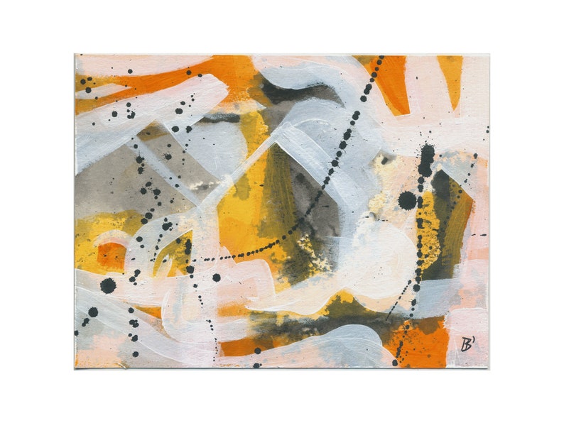 May include: Abstract painting with white, orange, yellow, and black paint. The painting has a textured surface and a loose, gestural style.