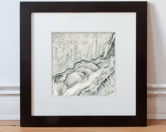 Originalzeichnung 20/20 cm (7,87/7,87 inch) "Versteckspiel am Waldrand" Grafitzeichnung, Handzeichnung, Unikat, gezeichnet von H. Barghorn