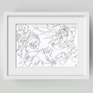May include: Black and white line art drawing of abstract shapes and figures. The drawing features a variety of organic and geometric forms, including birds, a dragon, and other abstract shapes.
