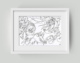 May include: Black and white line art drawing of abstract shapes and figures. The drawing features a variety of organic and geometric forms, including birds, a dragon, and other abstract shapes.